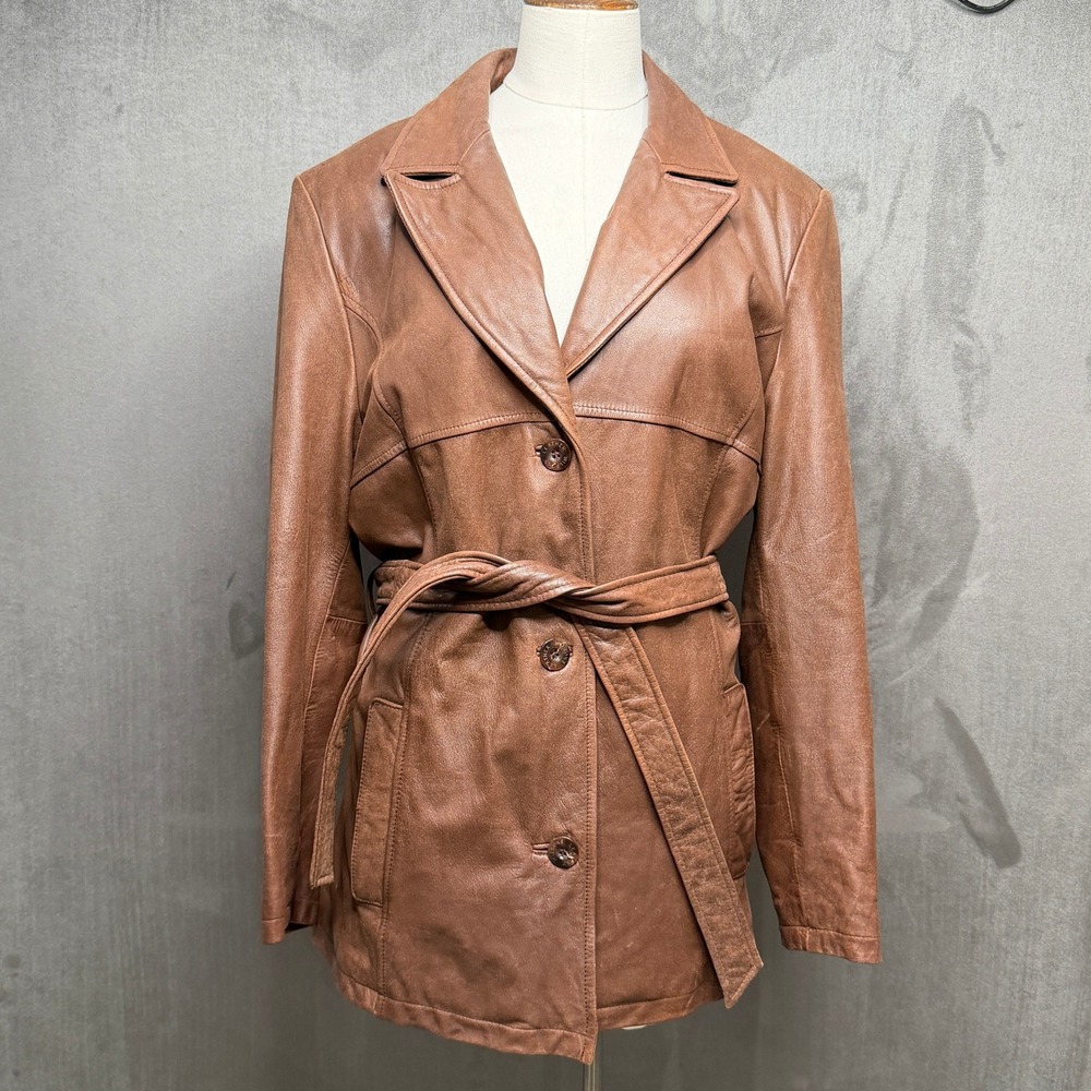 Wilsons Leather Jacket Womens Large Brown Belted Trench Coat Lined Mid Y2K Boho